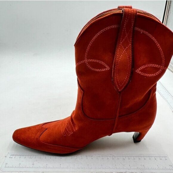 FSJ Brown Square Toe Comfort Kitten Low Heel Ankle Boot Pull On Dress Bootie - Picture 2 of 8